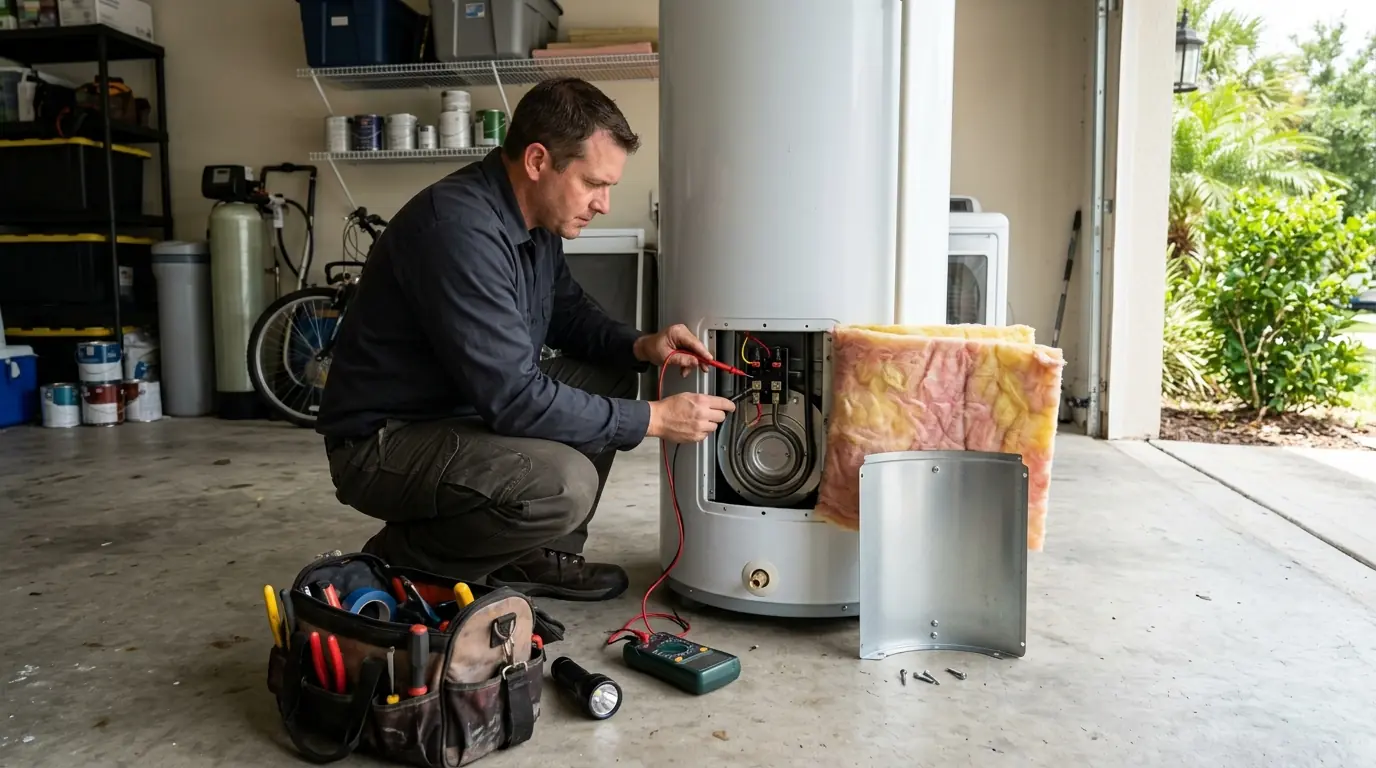 Water heater element being tested in a Jacksonville garage