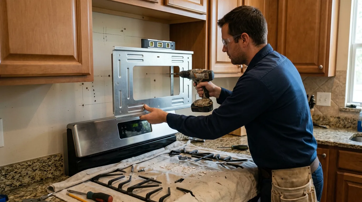 Over-the-range microwave wall plate being mounted in Jacksonville