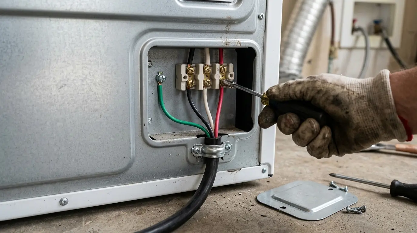 Dryer power cord being connected at the terminal block