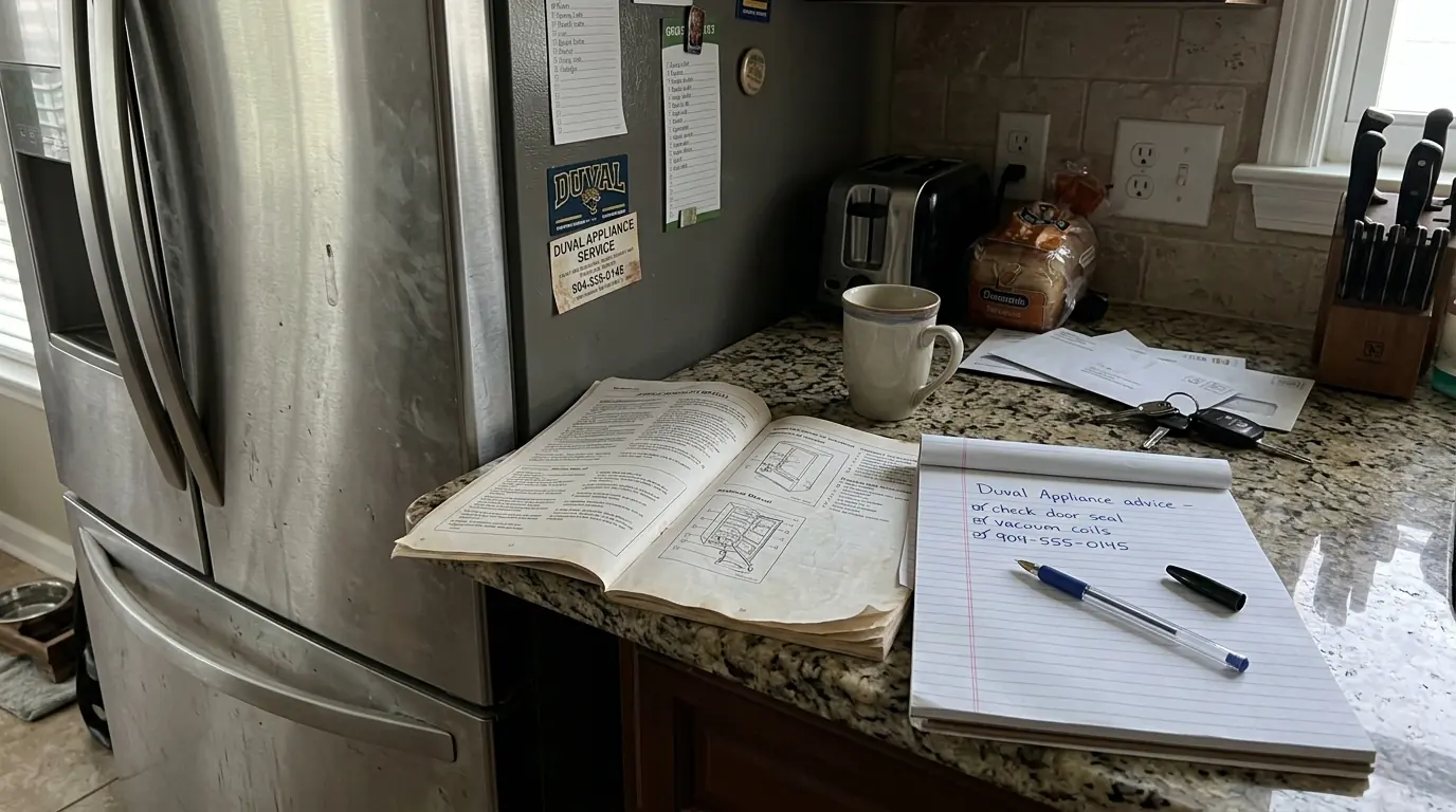 Appliance manual and notes on a kitchen counter