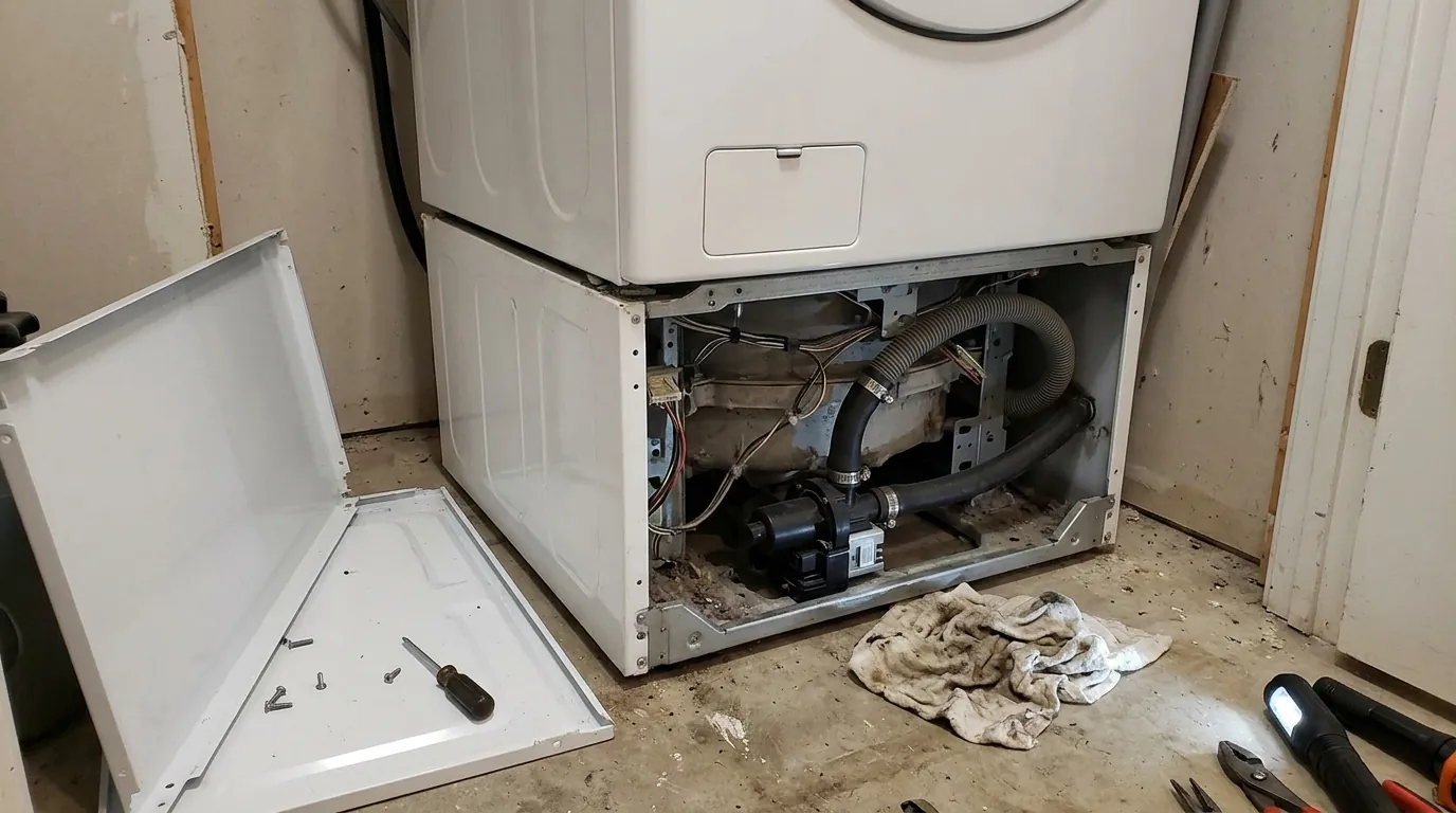 Laundry center lower panel removed for washer pump repair