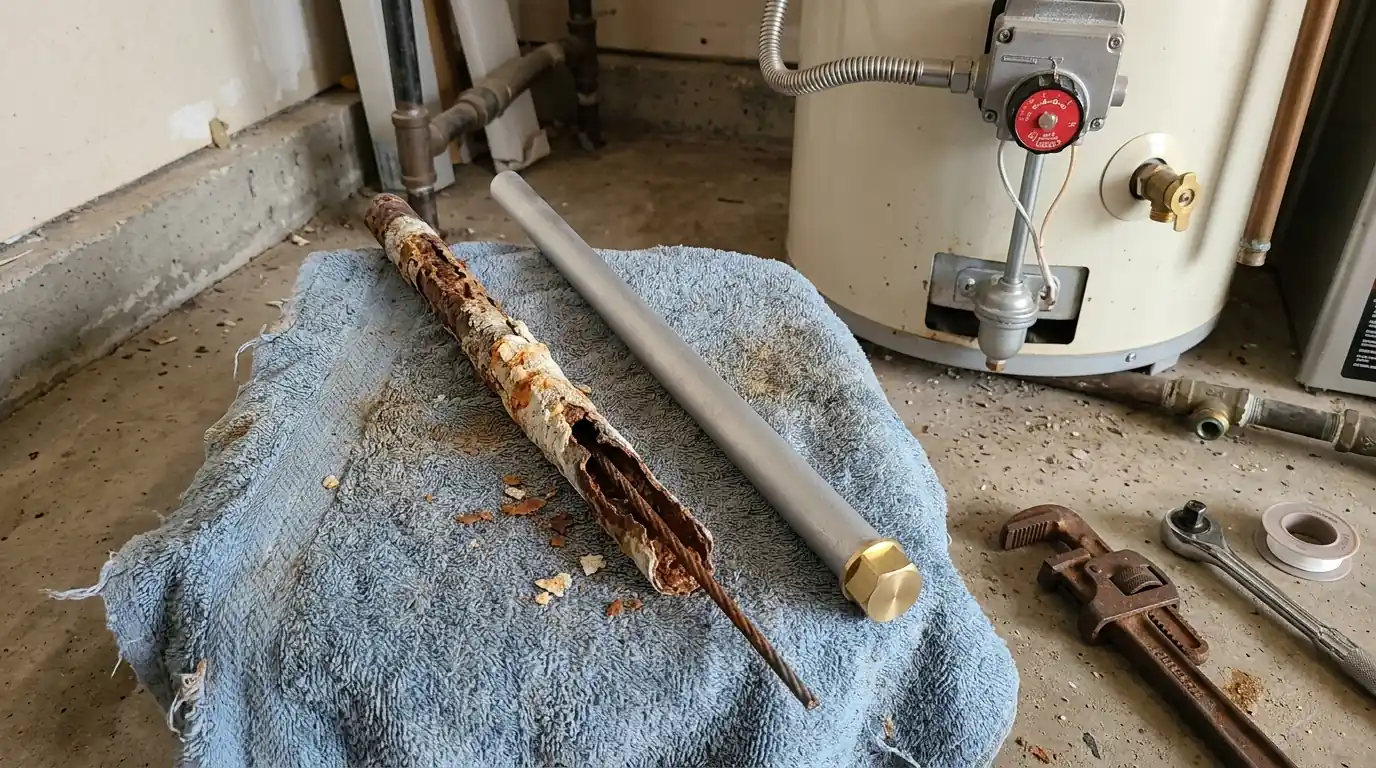 Worn anode rod next to a new replacement