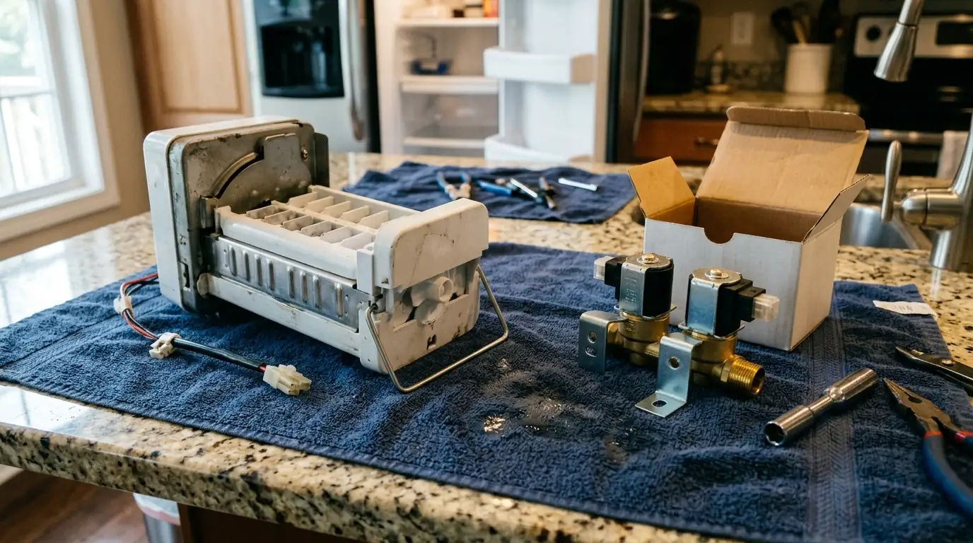 Ice maker assembly and new fill valve laid out on a towel