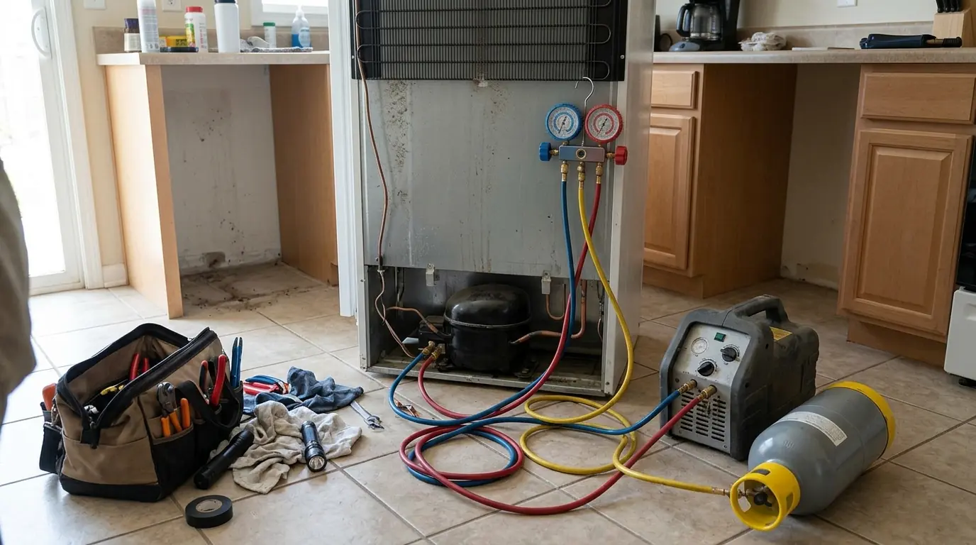 Gauges and recovery machine connected to a refrigerator compressor