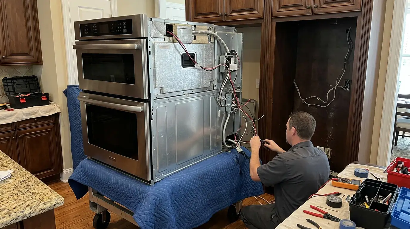 Double wall oven pulled forward for repair in a custom kitchen
