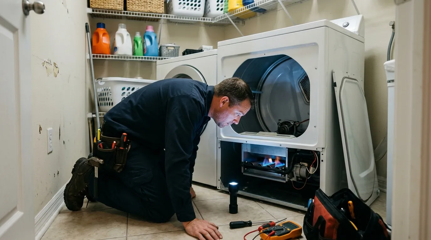 Gas dryer burner flame being checked during repair in Jacksonville