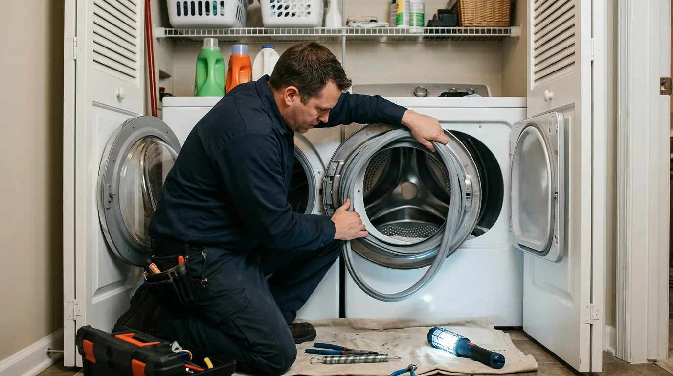 Front-load washer door boot gasket being fitted by a technician