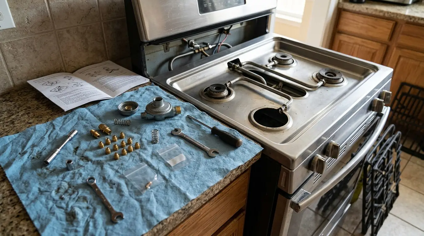 Propane conversion parts beside a gas range