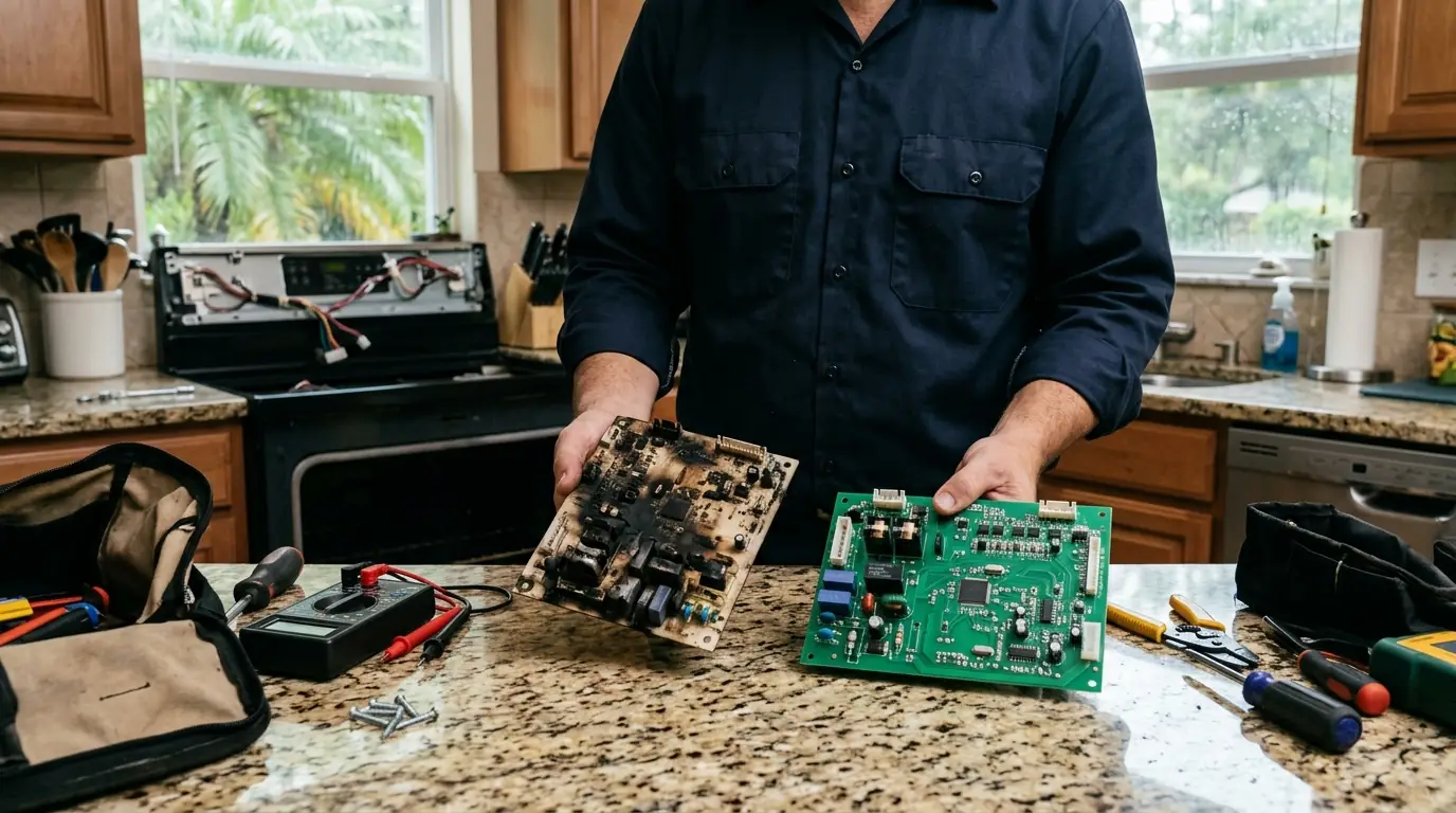 Surge-damaged control board beside a replacement in Jacksonville