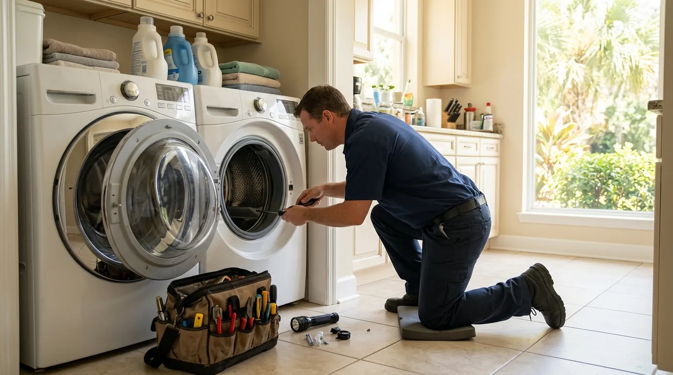 Duval Appliance technician checking a front-load washer in a Jacksonville laundry room