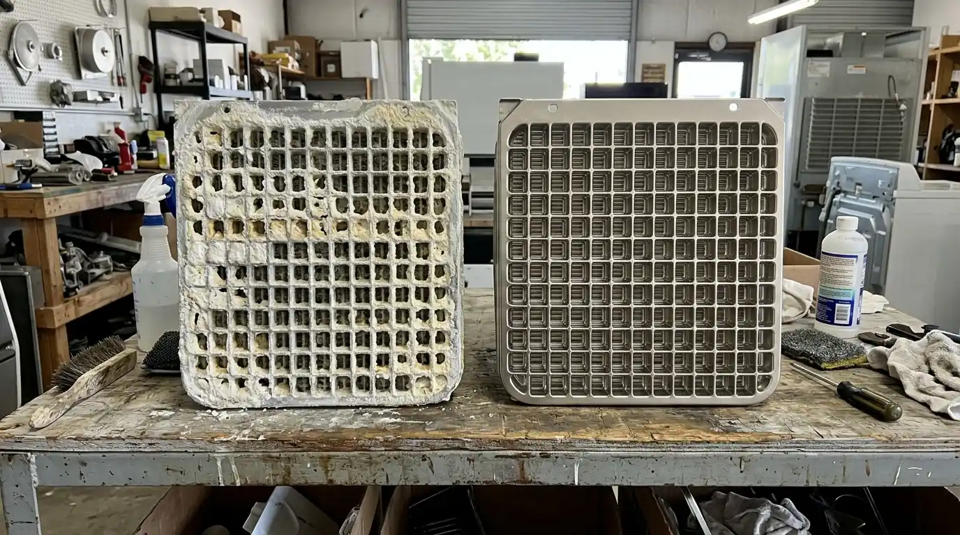 Scaled and cleaned ice machine evaporator plates