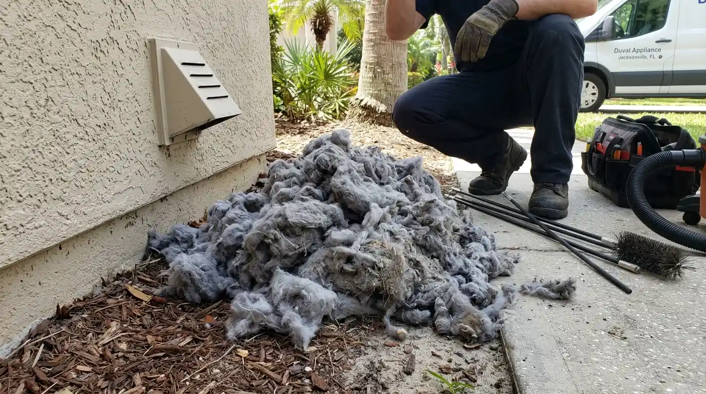 Lint removed from a dryer vent beside the exterior hood