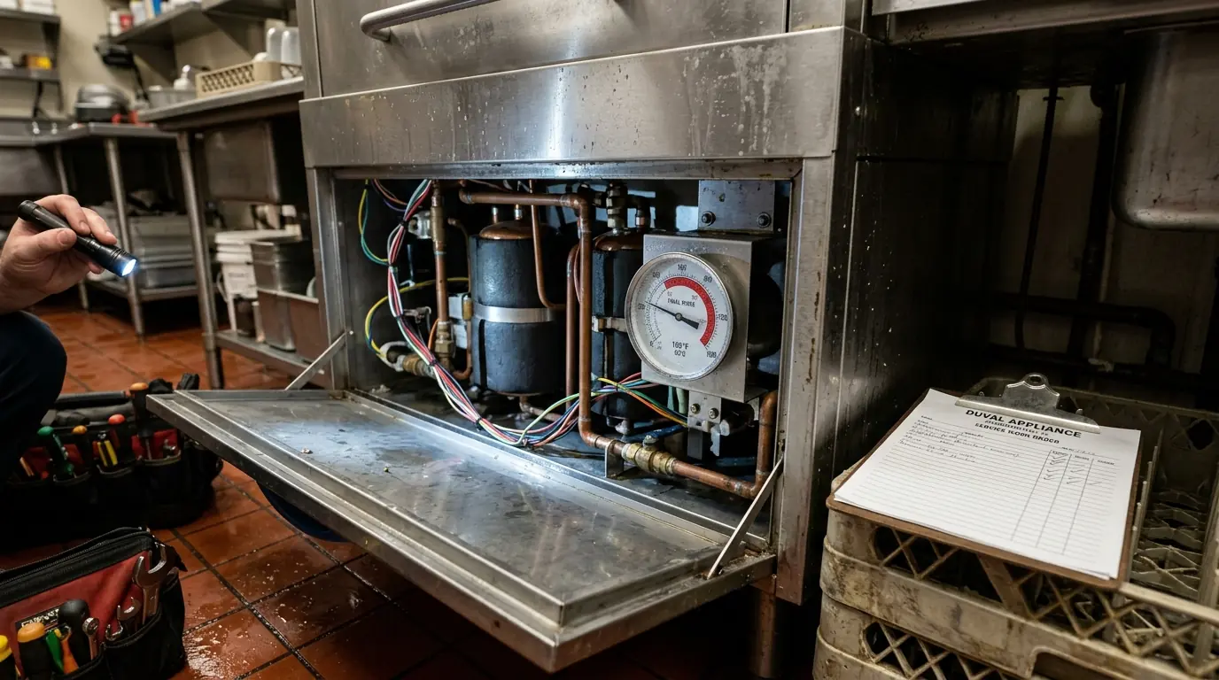 Commercial dishwasher rinse temperature being checked