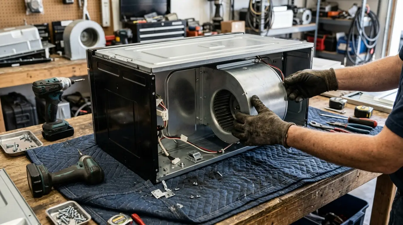 Microwave blower being rotated for outside venting