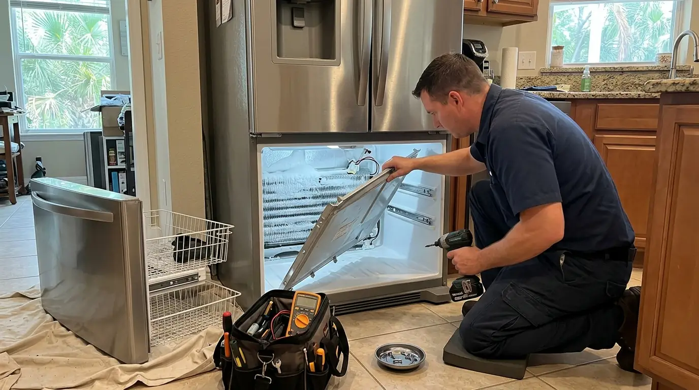 Technician checking a frosted evaporator coil during refrigerator repair in Jacksonville