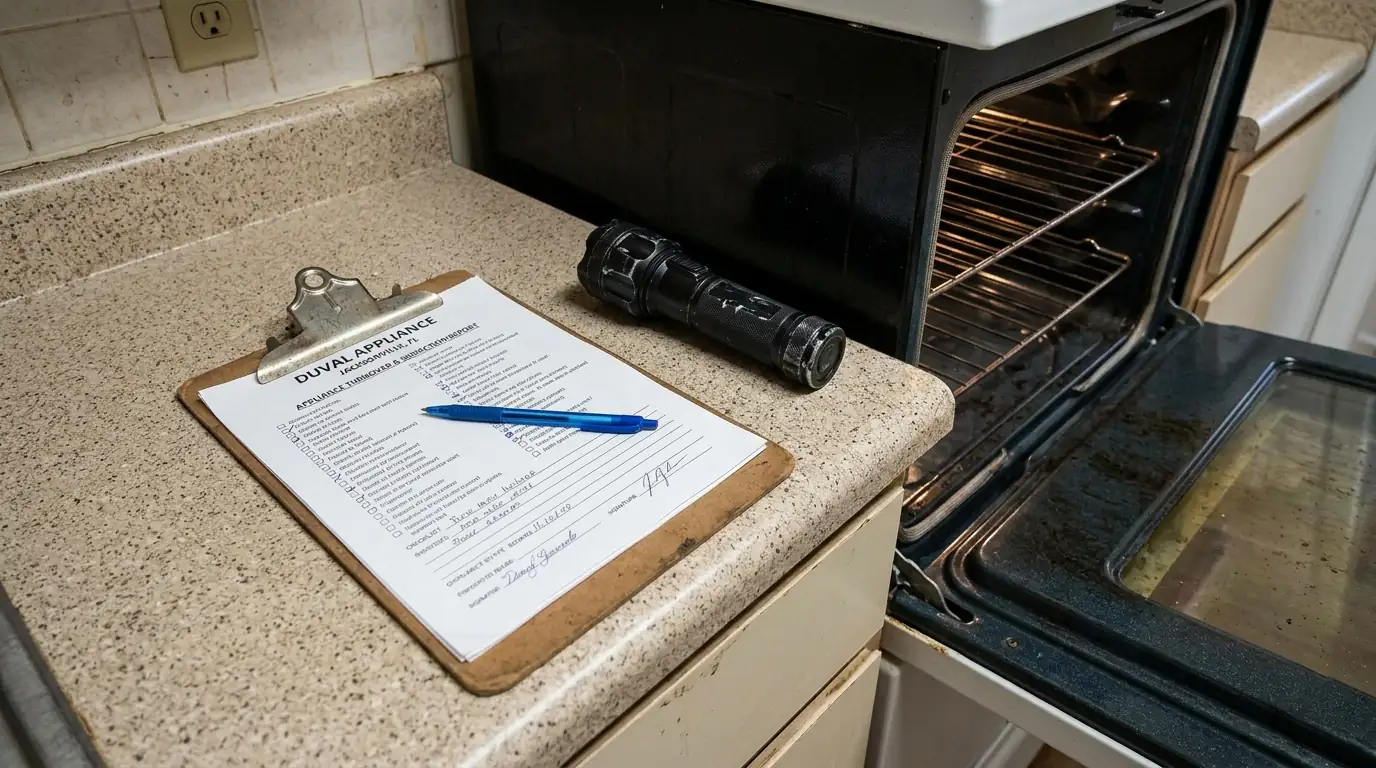 Rental unit appliance report beside an open oven