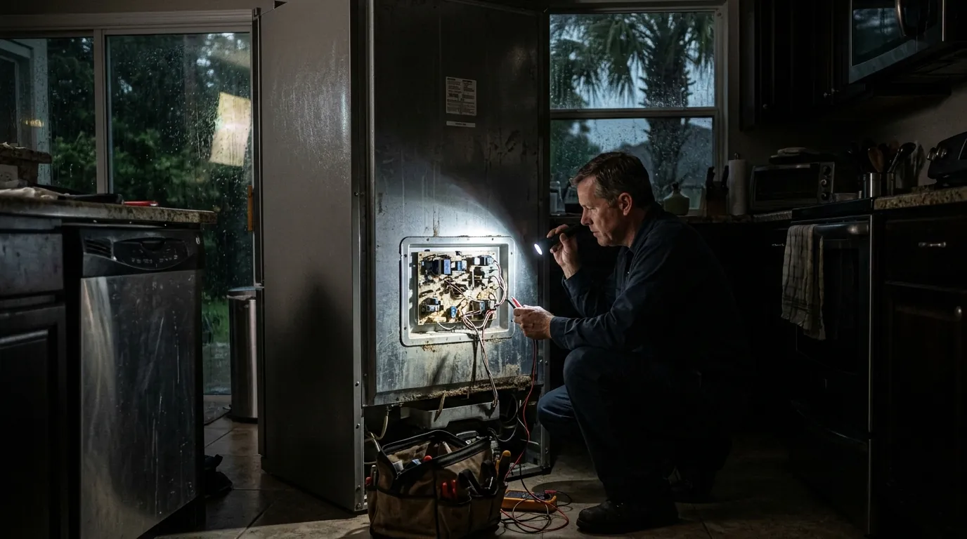 Technician checking a refrigerator control board after a storm