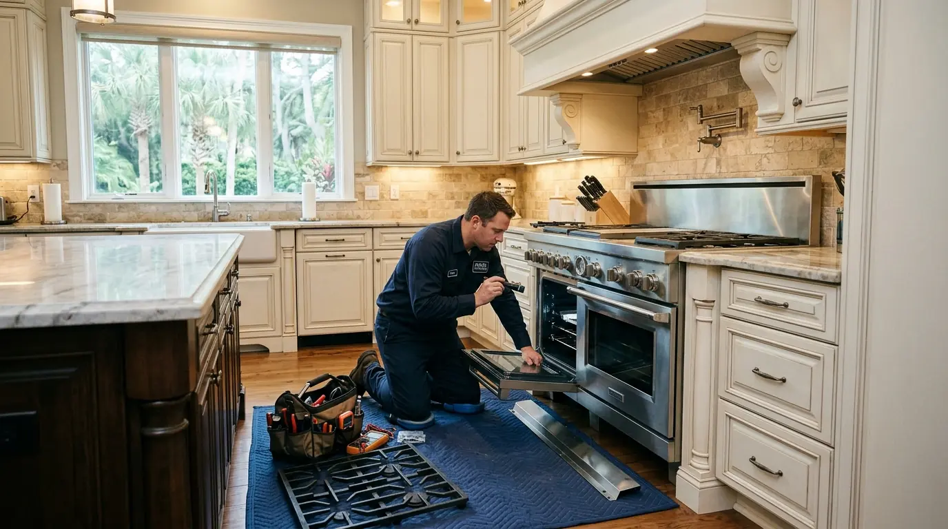Professional dual-fuel range being serviced in a Jacksonville kitchen