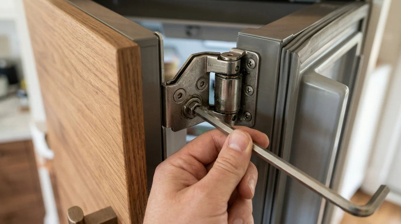 Built-in refrigerator door hinge adjustment on a panel-ready door