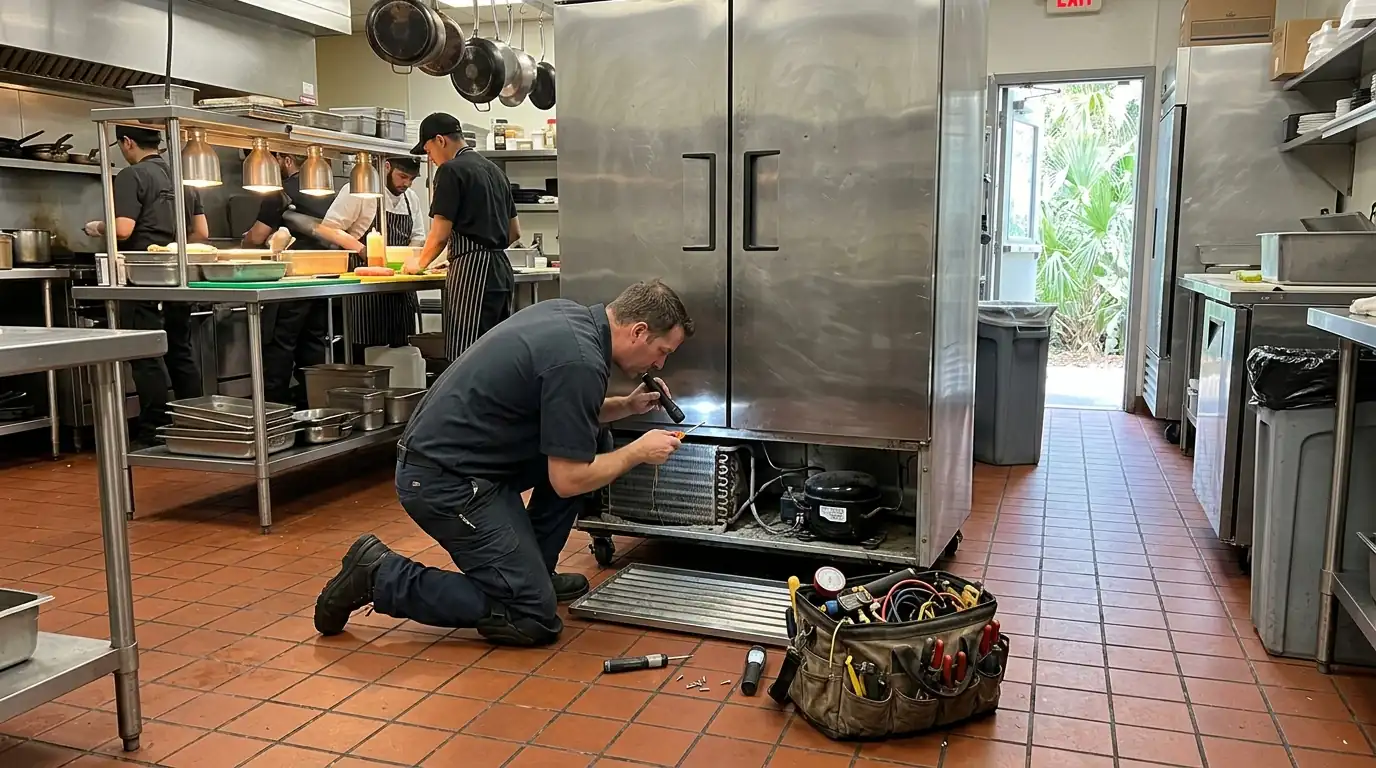 Technician servicing a restaurant reach-in cooler