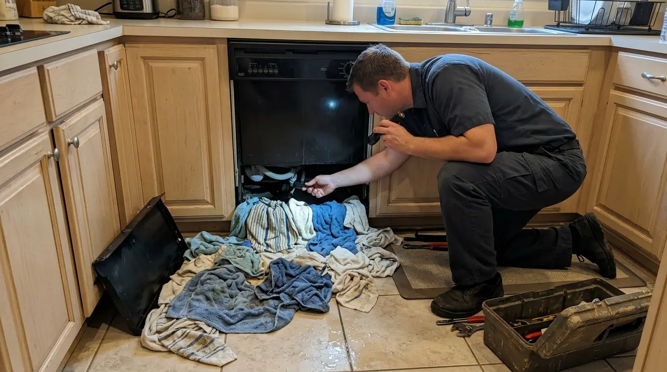 Leaking dishwasher being checked during an urgent call