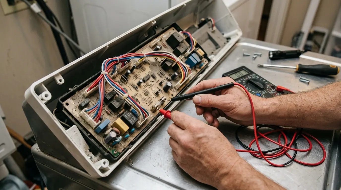 Washer control board being tested after a storm