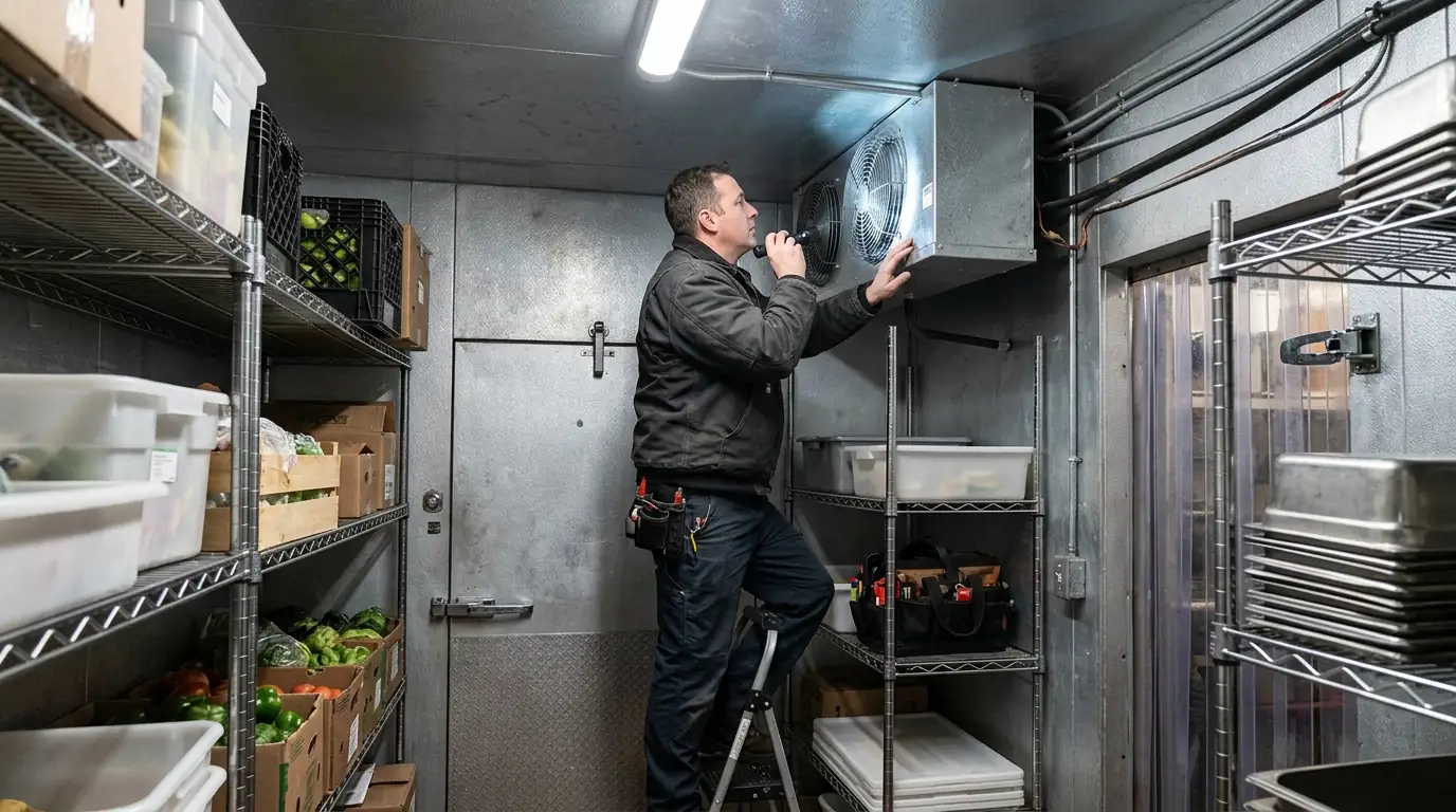 Walk-in cooler evaporator being inspected in Jacksonville