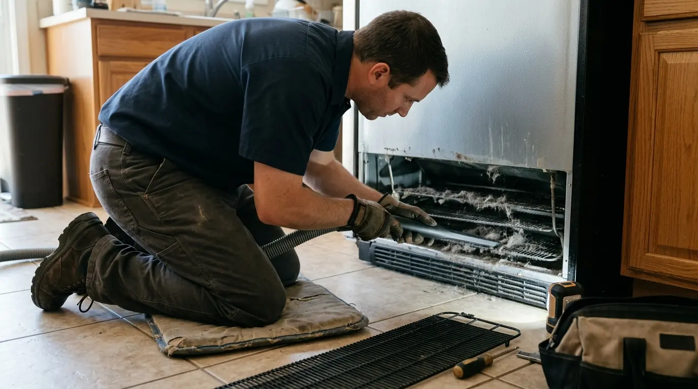 Technician cleaning refrigerator condenser coils in a Jacksonville kitchen