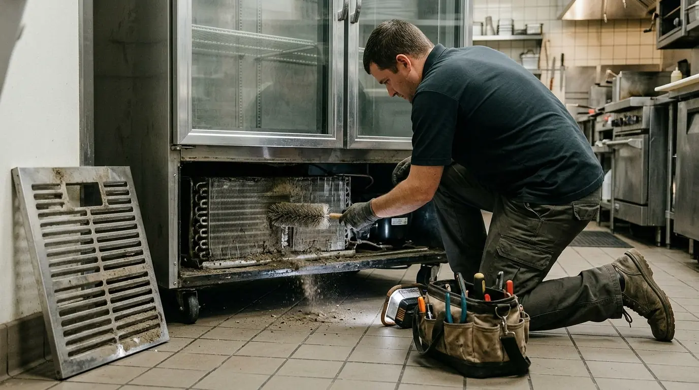 Reach-in cooler condenser coil being cleaned