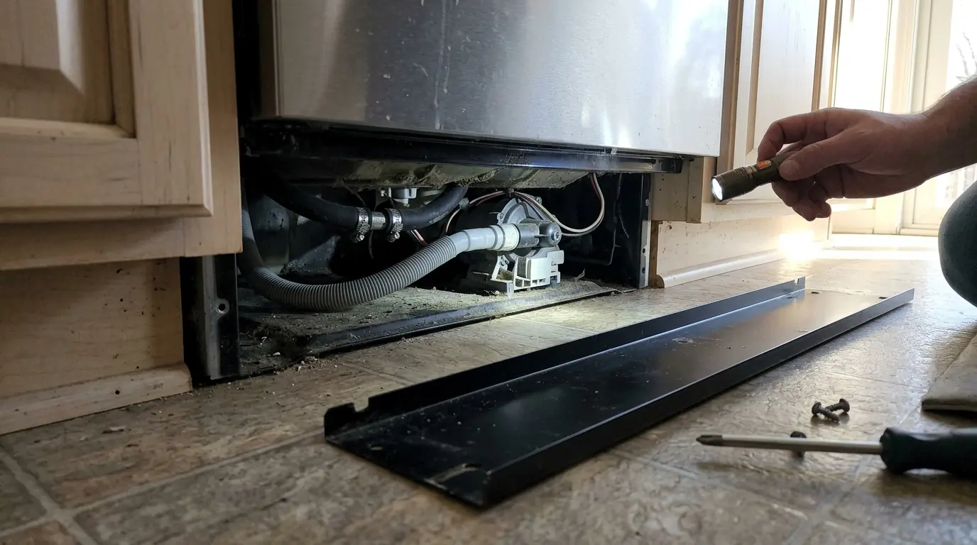 Dishwasher drain pump and hoses checked under the tub