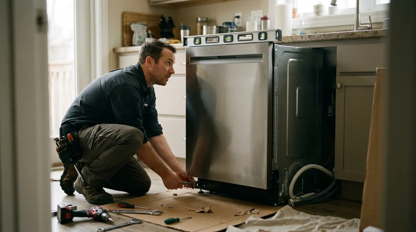 New dishwasher being leveled during installation in Jacksonville