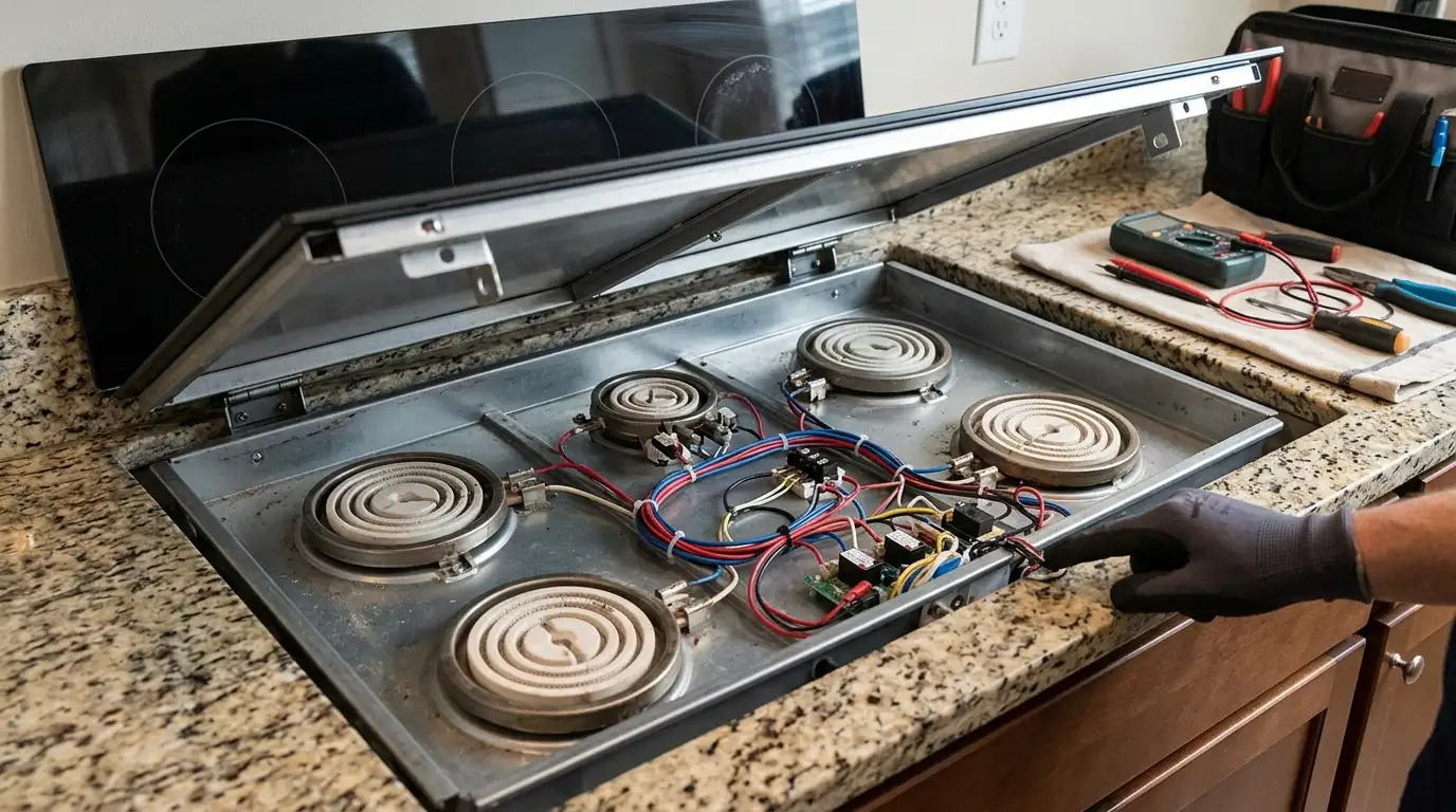 Glass cooktop lifted to replace a radiant element