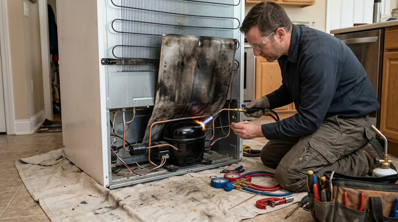 New compressor being brazed into a refrigerator sealed system