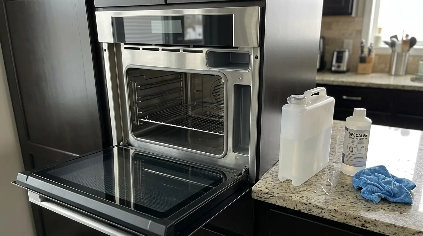 Steam oven reservoir removed for descaling service