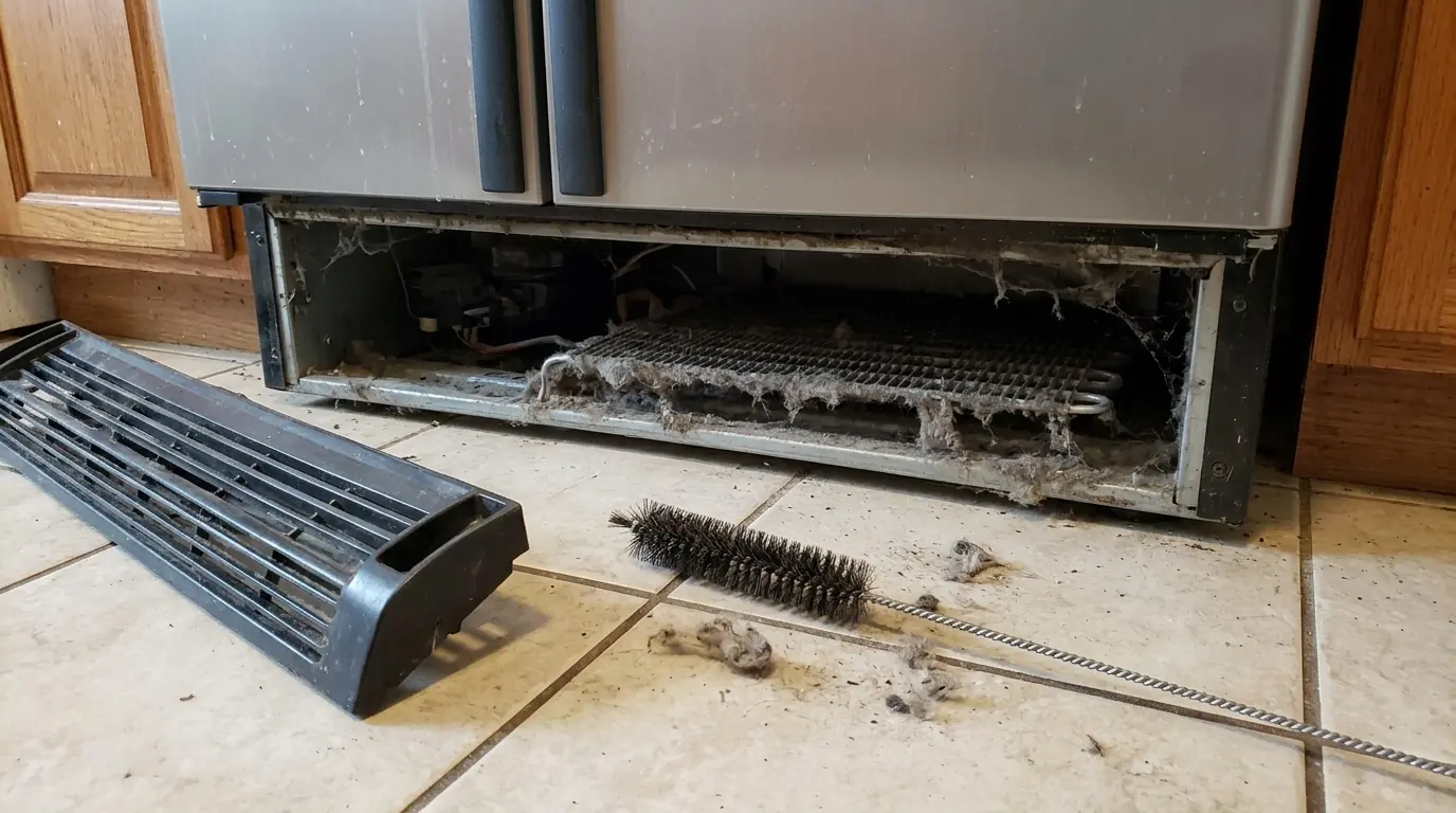 Dusty refrigerator condenser coils and a coil brush