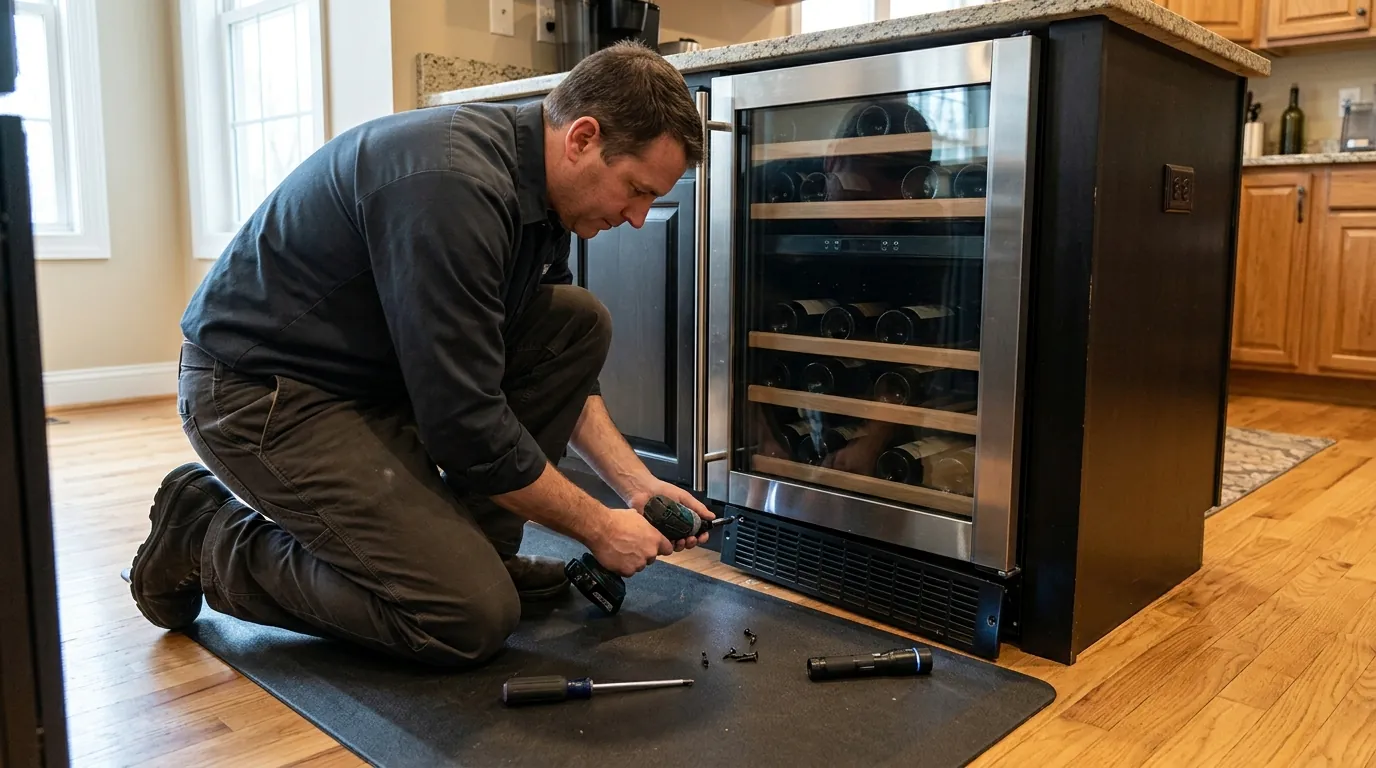 Undercounter wine cooler kick plate removed for fan service