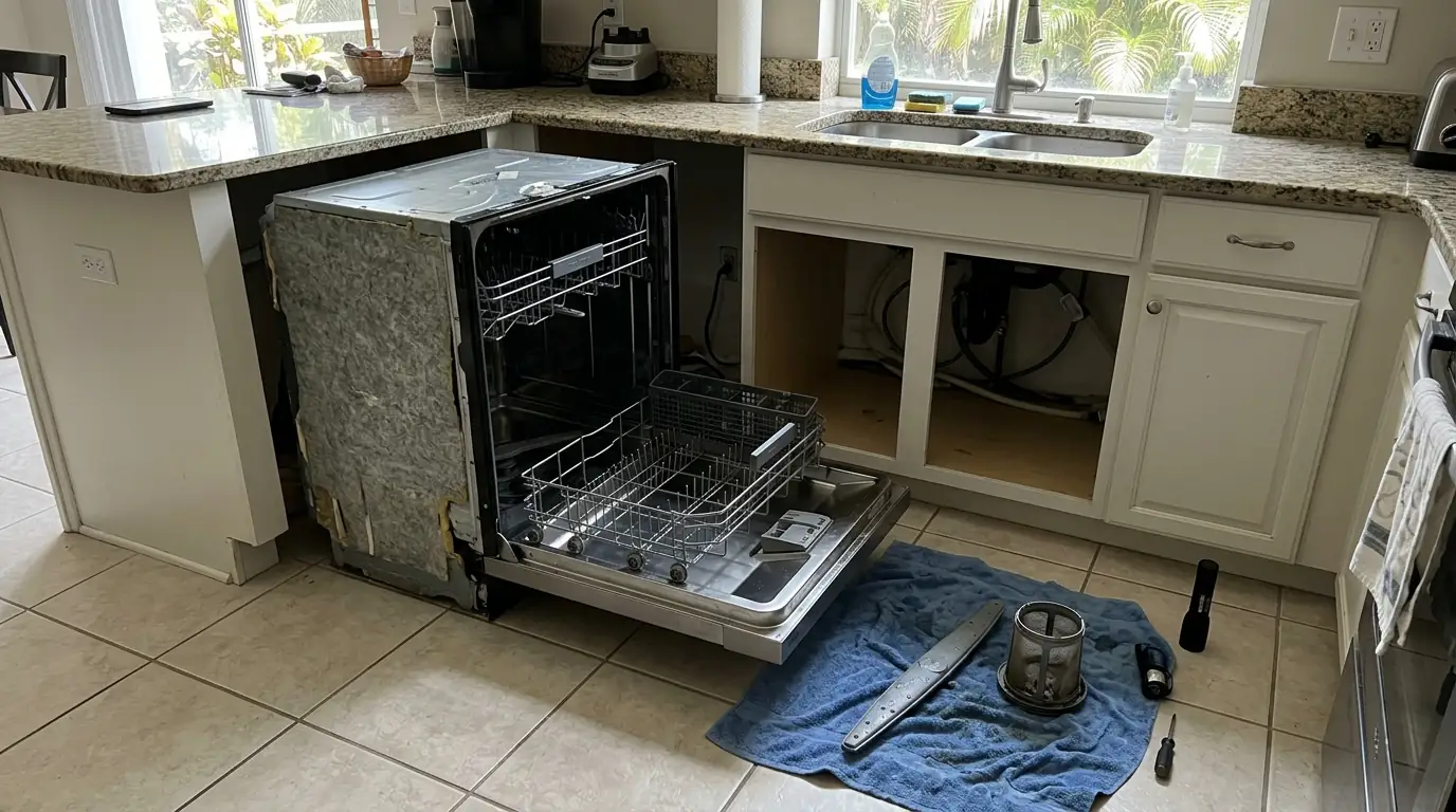 Dishwasher filter and spray arm removed for cleaning