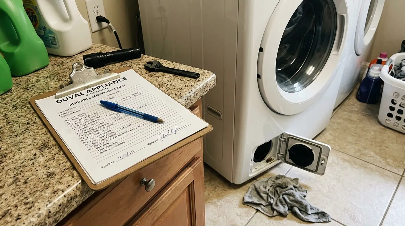 Maintenance checklist beside a washer with the filter door open