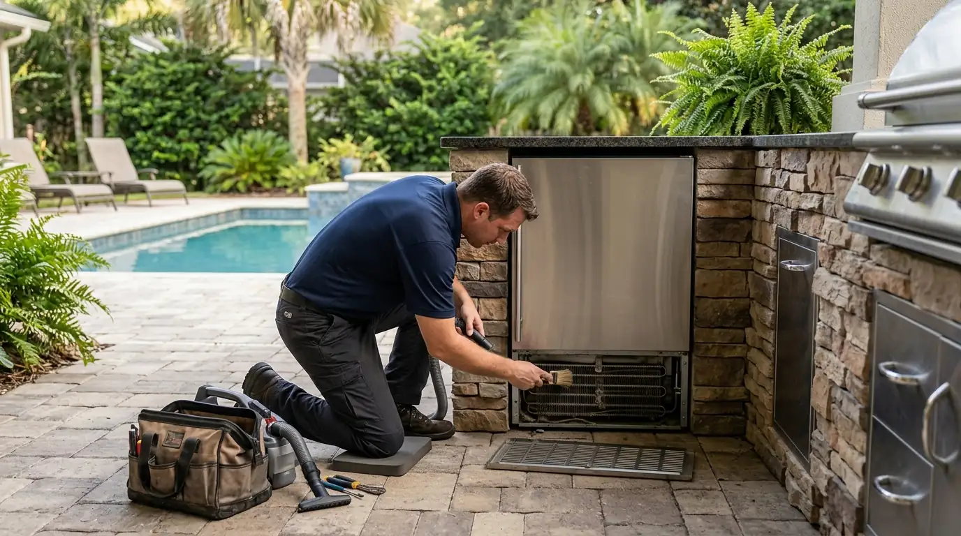 Outdoor kitchen refrigerator condenser being cleaned near Jacksonville