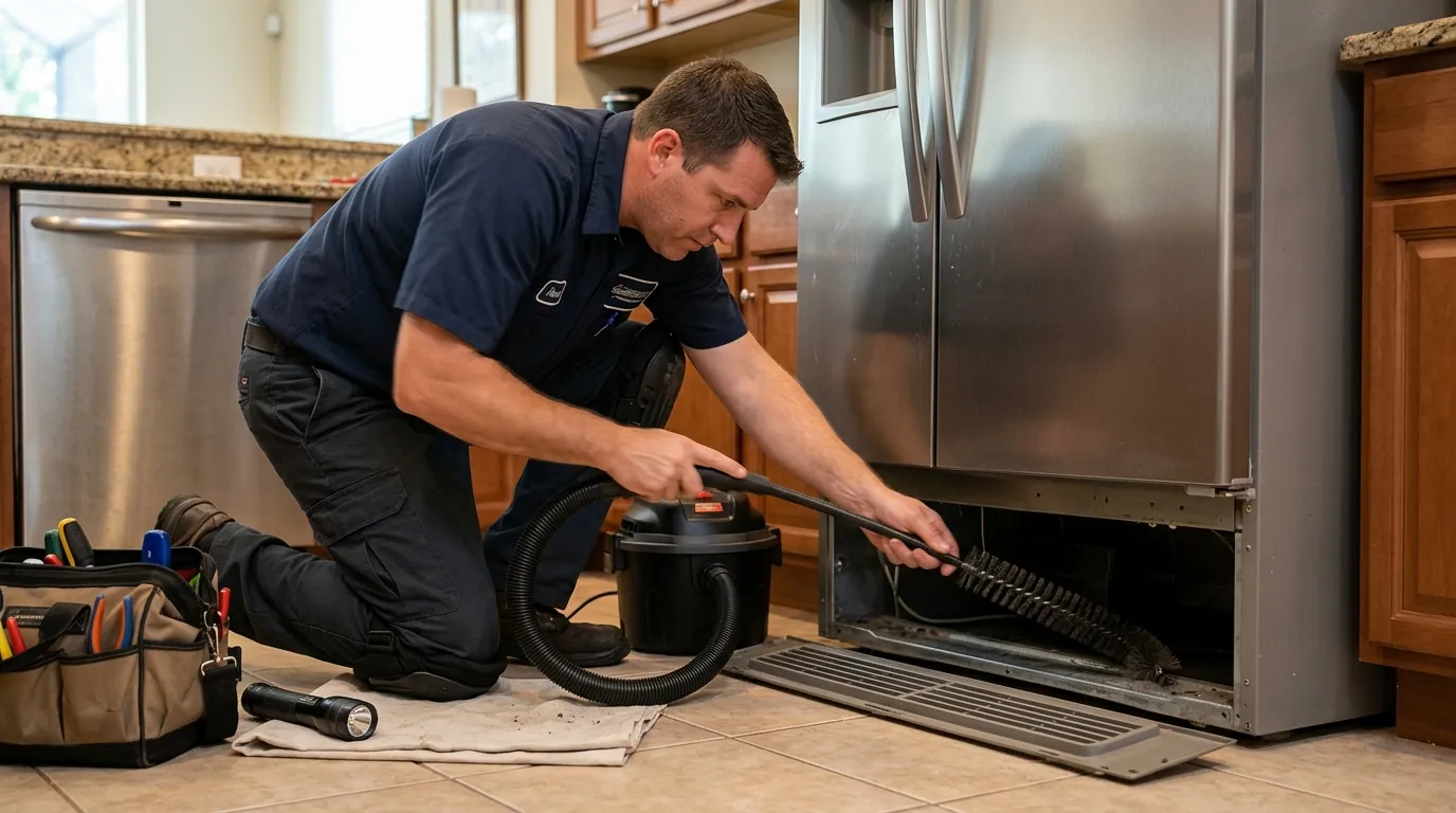 Refrigerator condenser coils being cleaned during maintenance