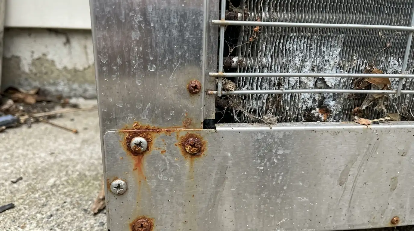 Corrosion on outdoor refrigerator screws and condenser fins