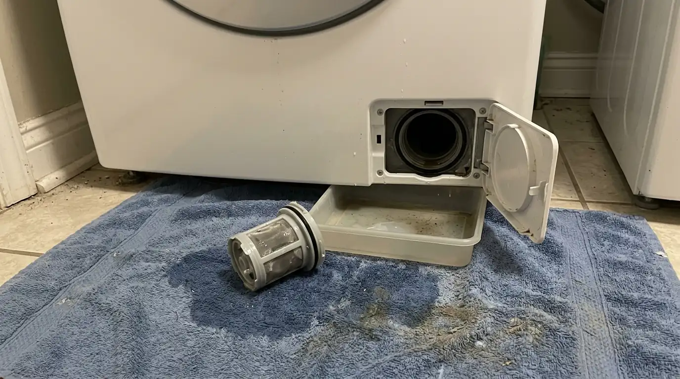 Front-load washer pump filter drained into a pan