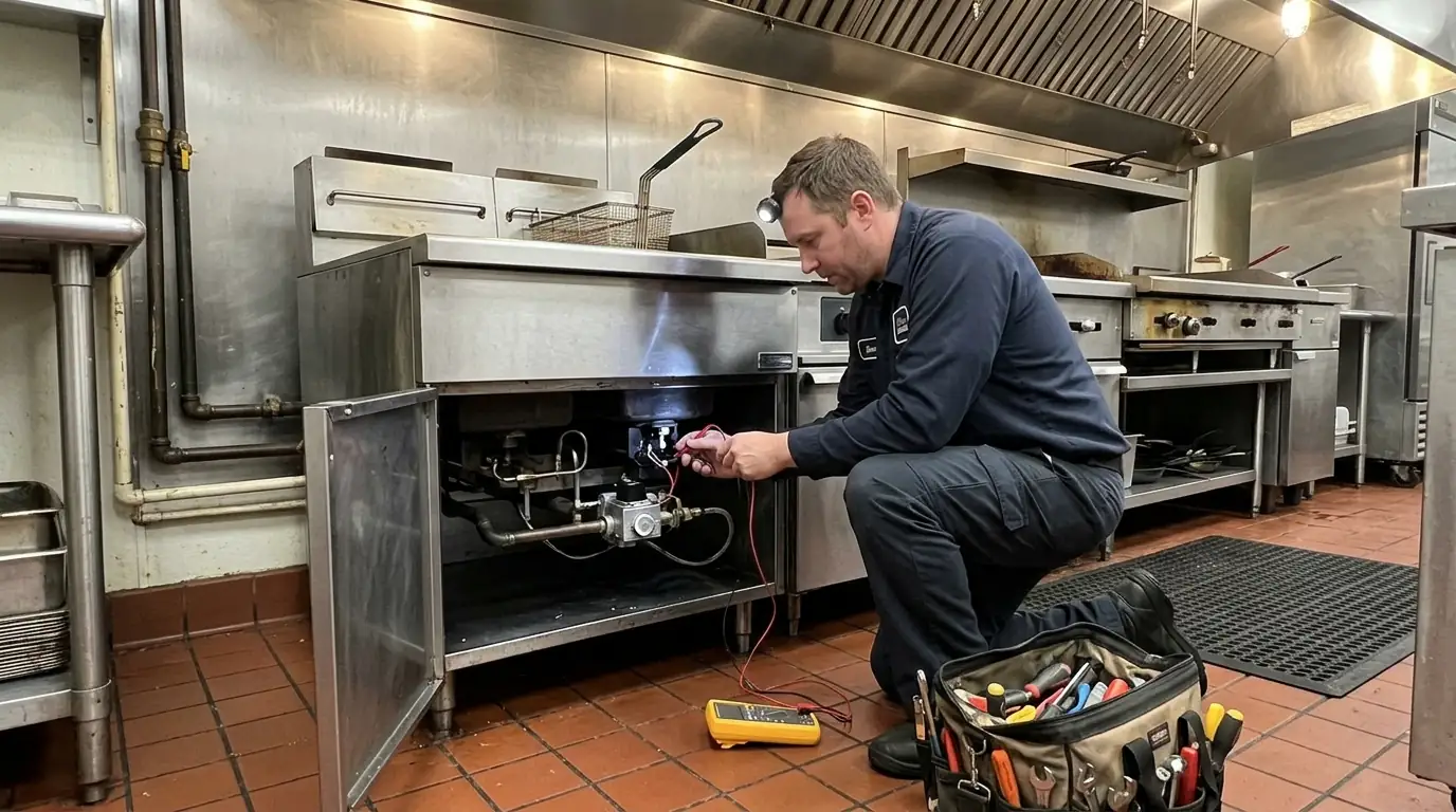 Commercial fryer being repaired on a Jacksonville restaurant line