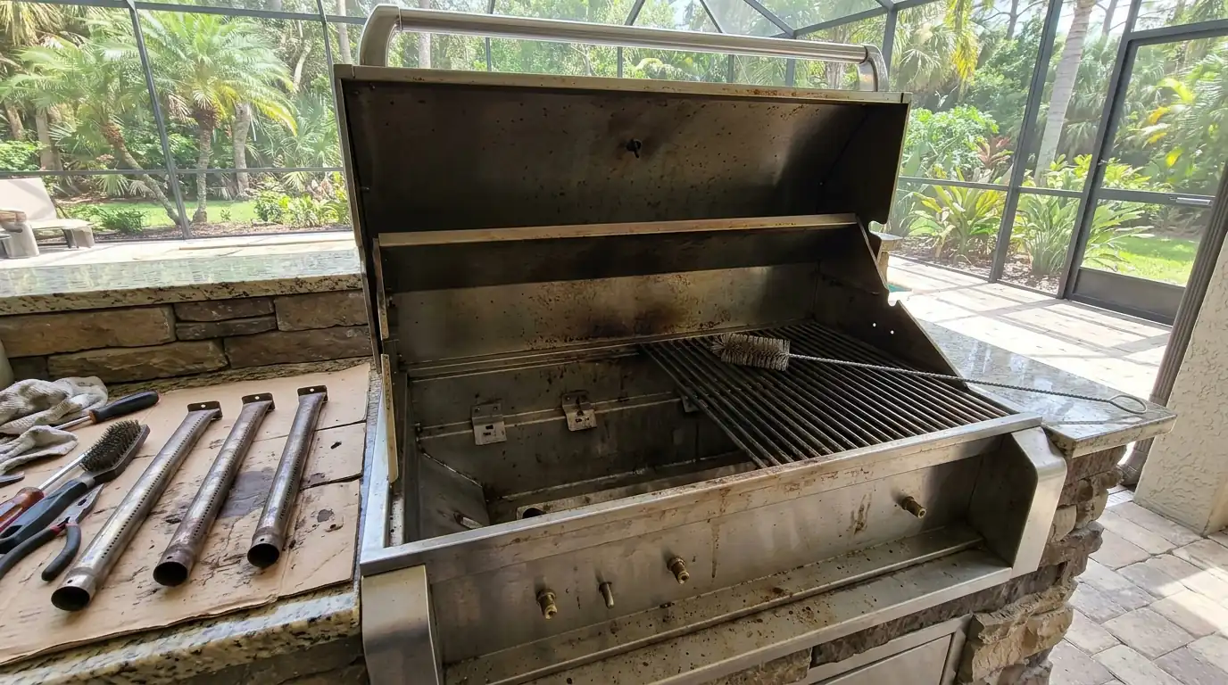 Built-in gas grill burners removed for cleaning