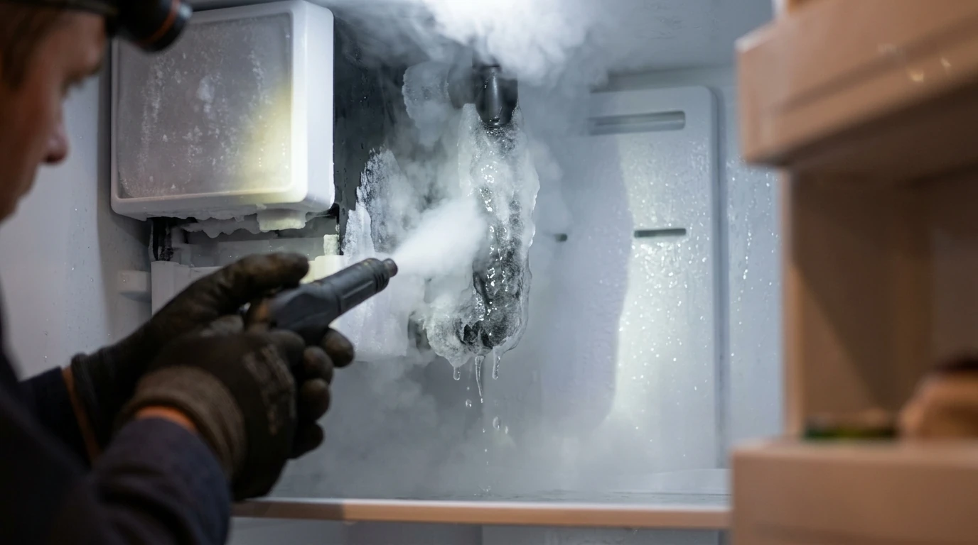 Frozen ice maker fill tube being thawed inside a freezer