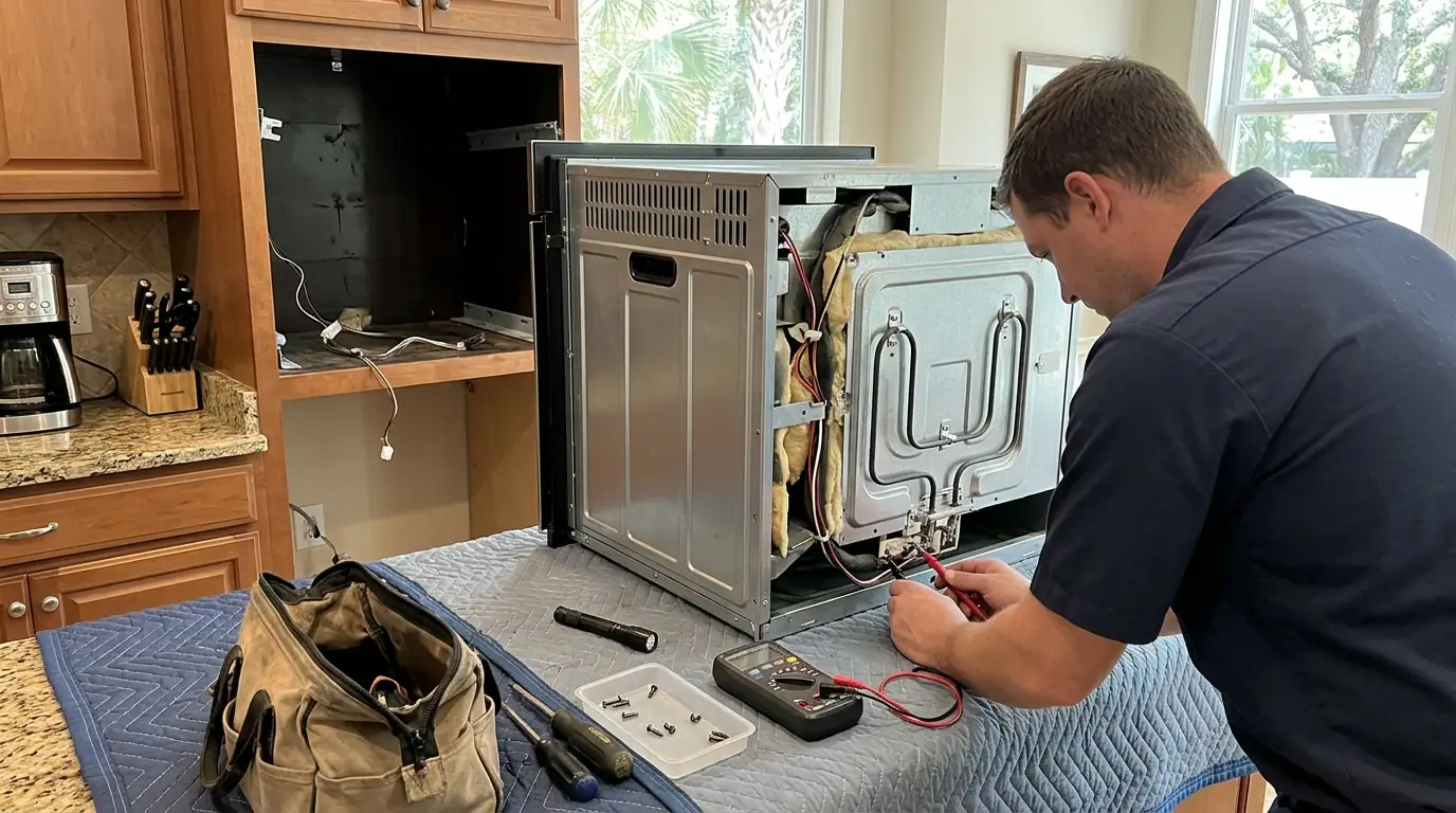 Wall oven pulled forward with the bake element exposed for testing