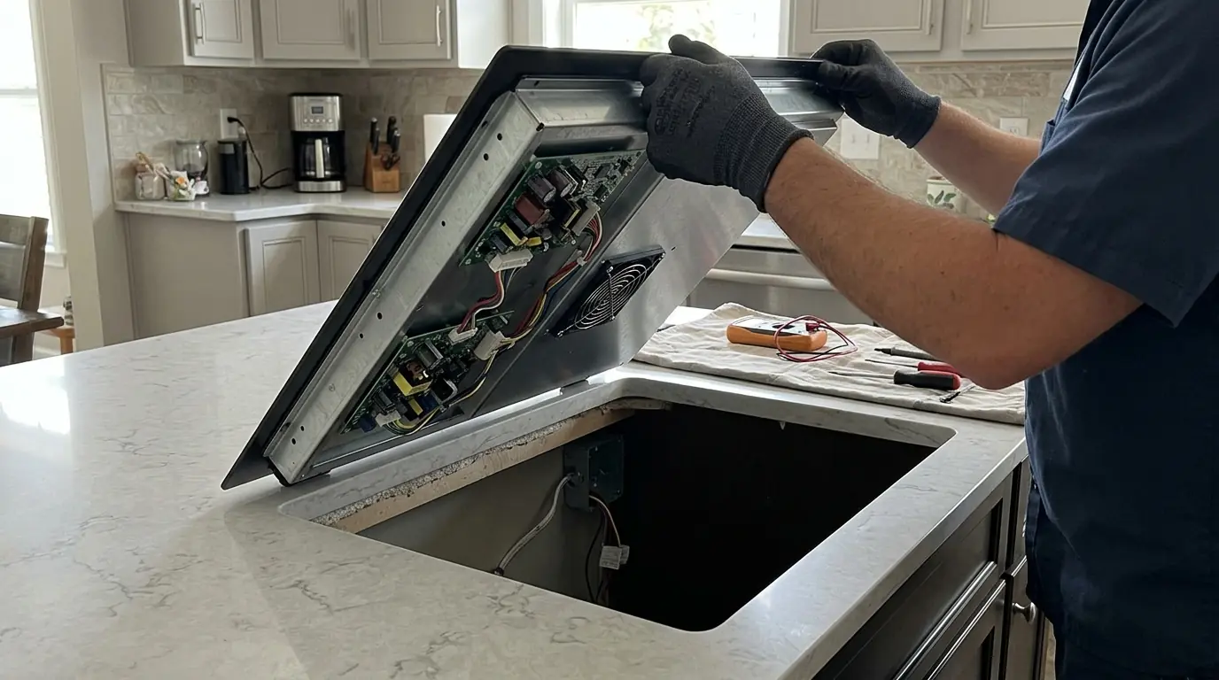 Induction cooktop power boards and cooling fan exposed for repair