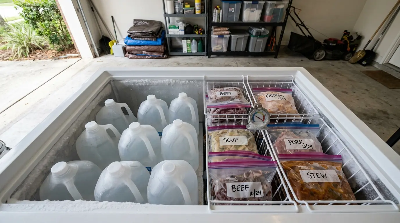 Freezer filled with water jugs before hurricane season