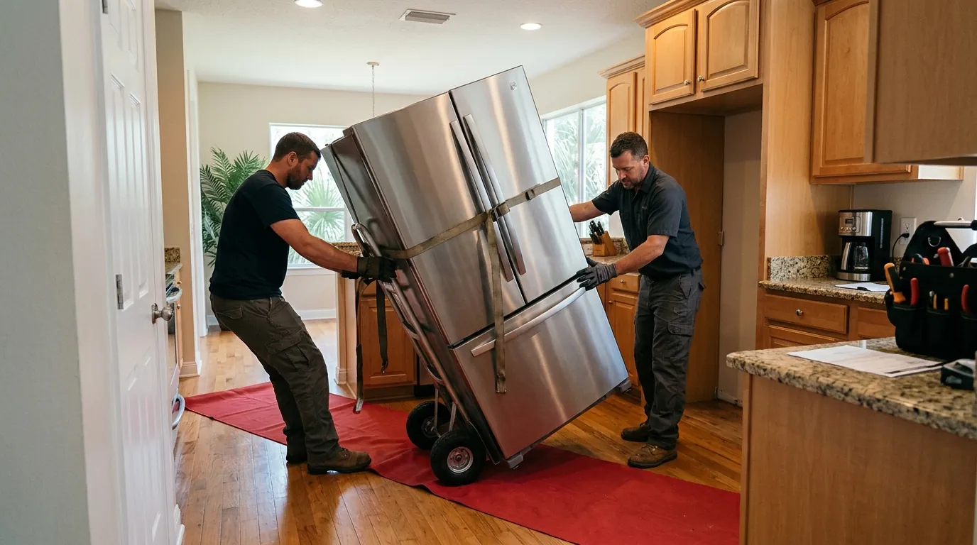 Technicians installing a new refrigerator