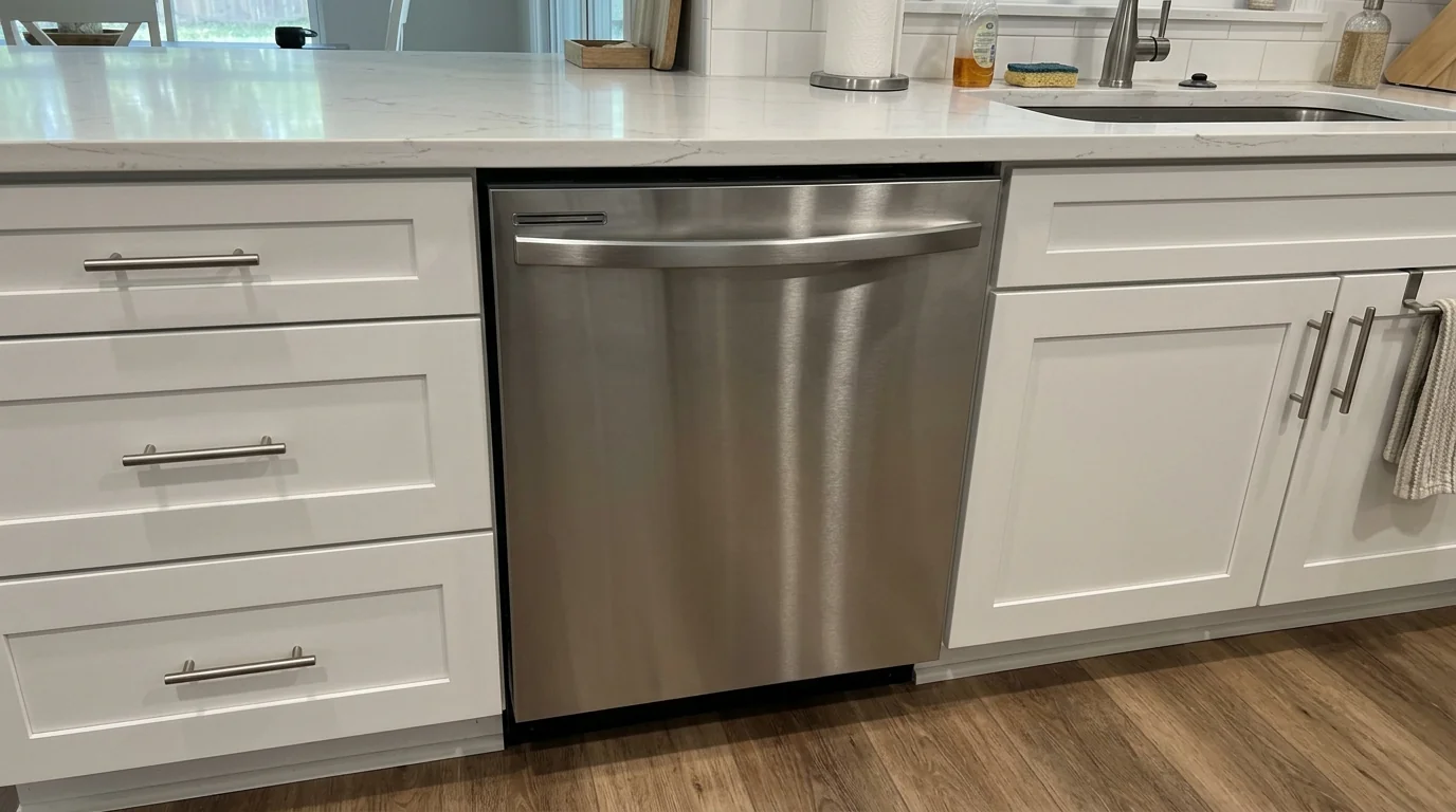 Replacement dishwasher installed under a quartz counter in Jacksonville
